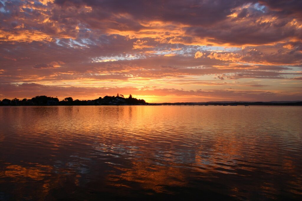 lake, sunset, silhouette