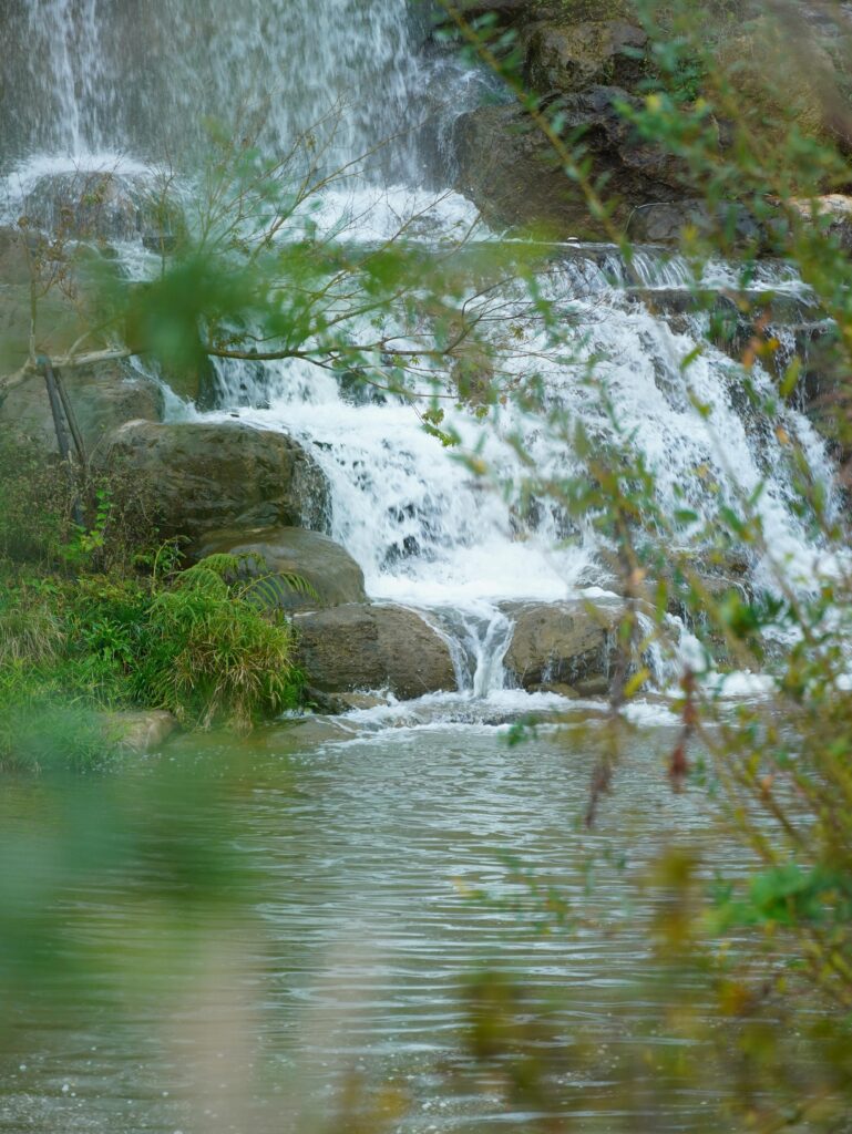 Tranquil waterfall cascading over rocks surrounded by autumn foliage in a serene park setting.