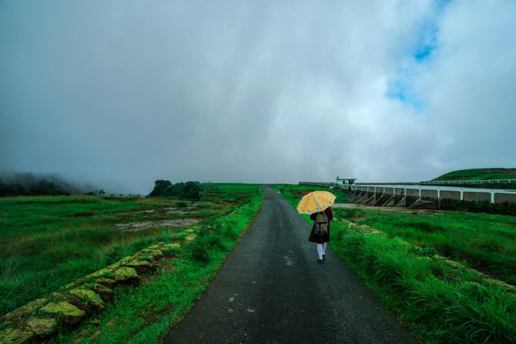 A person walking with an umbrella on a rural road in Meghalaya, India, under a cloudy sky.