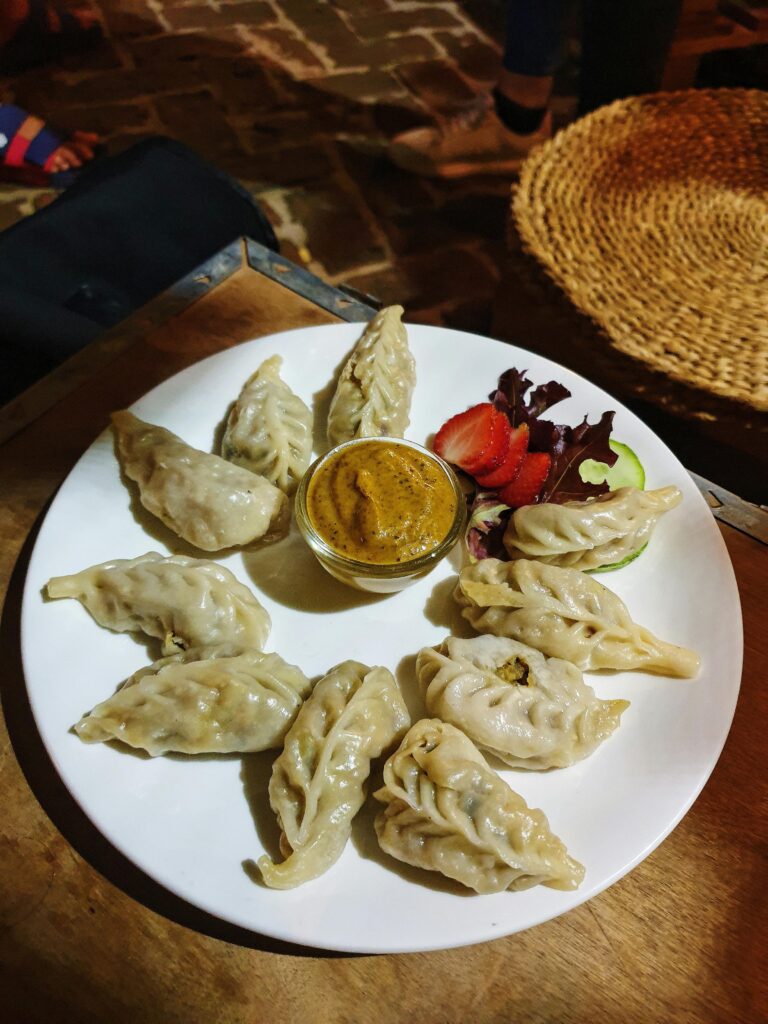 A plate of dumplings with dipping sauce, surrounded by fresh veggies, served on a table.