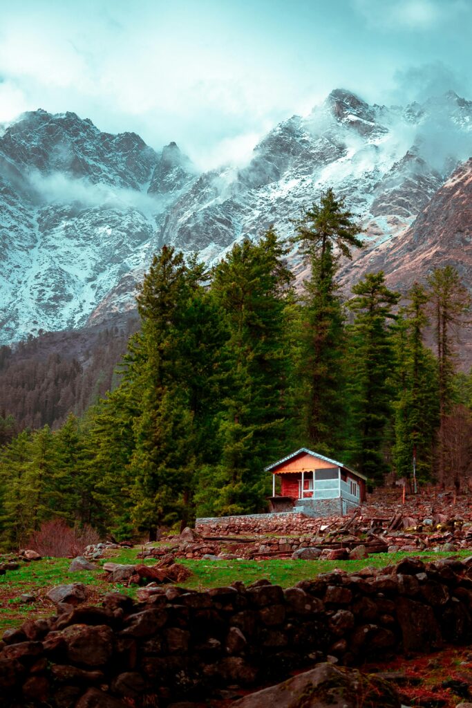 Charming cottage surrounded by lush trees and snow-capped Himalayas in Kasol, India.